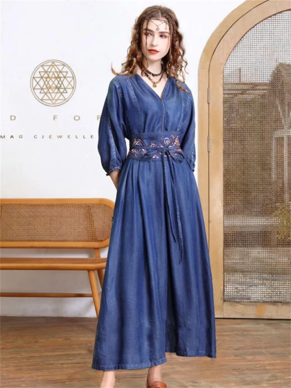 71gVcqxRmL.jpg Women Vintage Blue A-Line High Waisted Retro Dresses Three Sleeve Belt Embroidery Denim Dress