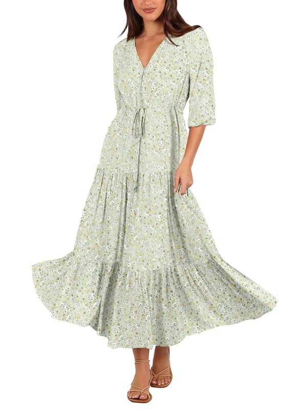 Women's Floral Print Maxi Long Dresses Deep V Neck Summer Beach Dress Half Sleeve A Line Flowy Dresses