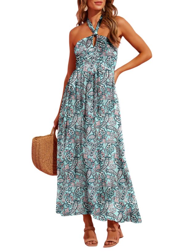 71goZcD6WlL.jpg Women's Summer Dresses Halter Neck Sleeveless Backless Flowy A Line Boho Maxi Dress