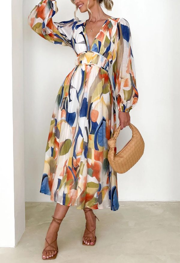 71ib18WzlML.jpg Women's Long Sleeve Boho Floral Maxi Dress Smocked Beach Flowy Dress