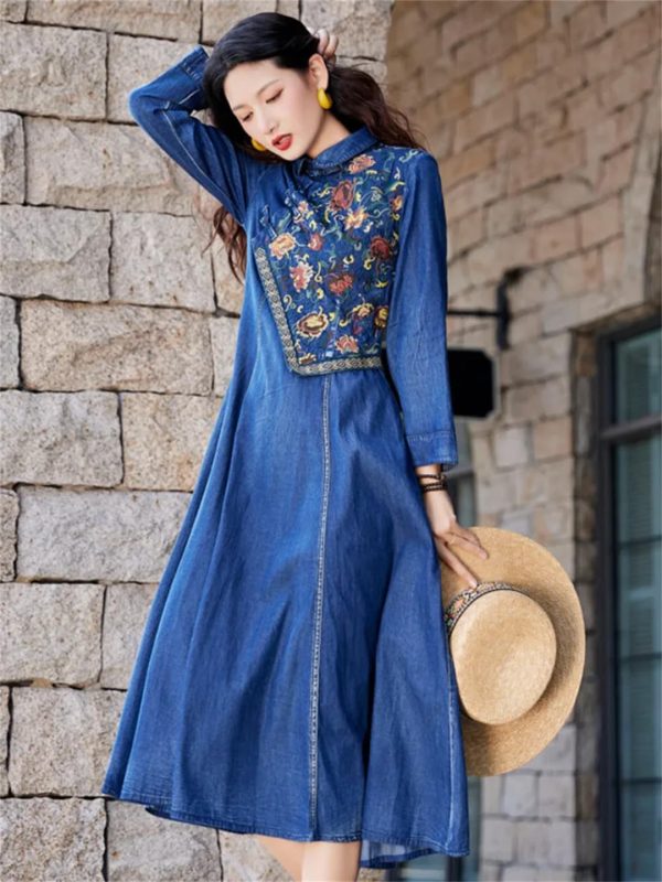 71jMpvfTLL.jpg Women A-Line Denim Dress Embroidery Floral Vintage Midi Dress Long Sleeve Slim Joint Jeans Dress