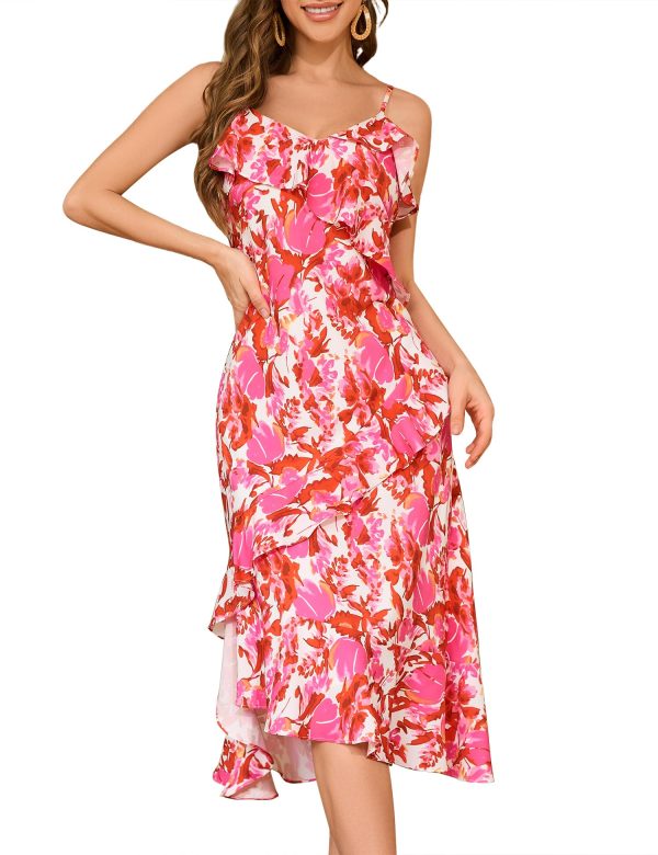 71jfQQhvHKL.jpg Women Ruffle Floral Summer Wedding Guest Dresses Midi Adjustable Straps Dress Casual Boho Easter Sundress