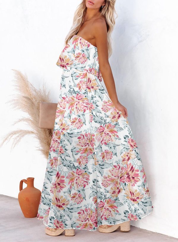 Womens Strapless Dresses Casual Summer High Waist Side Split Flowy Boho Maxi Dress