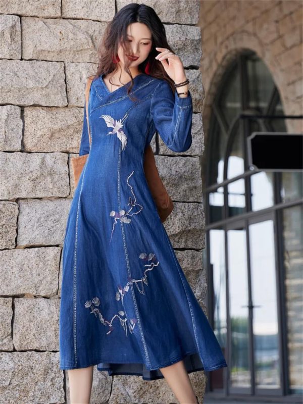 71k1Ab121YL.jpg Women Long Sleeve Vintage A-Line Midi Dress Chinese Style Embroidery Jeans Dress V-Neck Denim Dress