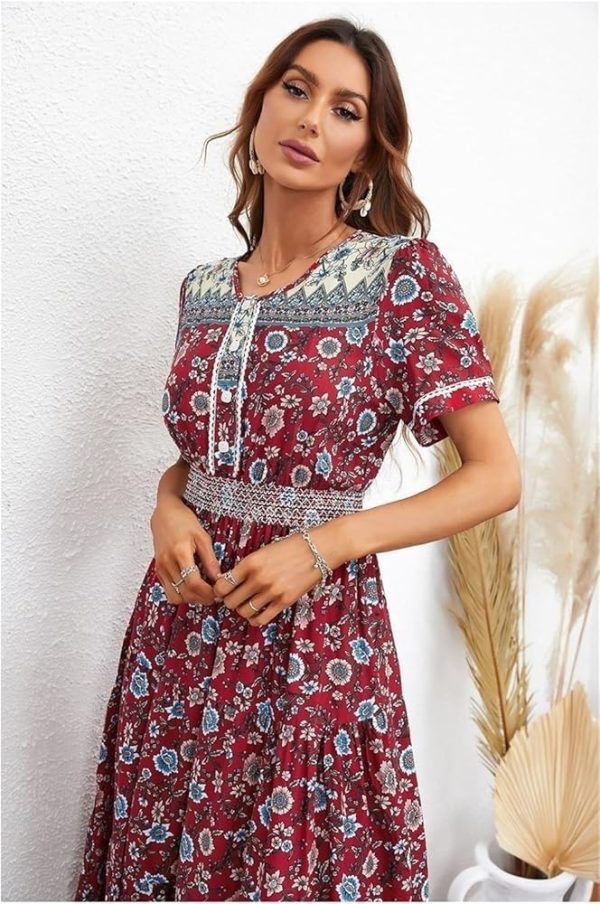 71kW4qksHeL.jpg Boho Floral Maxi Women Summer Short Sleeve High Waist A Line Long Beach Dress Lightweight Casual Vacation Skirt