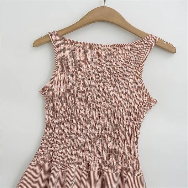71l5l-g7ffL.jpg Smocked Bodice Midi Dress Women Sleeveless Textured Pattern Summer Casual Skirt for Daily Vacation Outfits