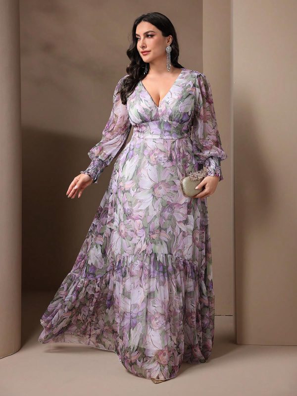 71lDOmS4hxL.jpg Spring Summer 2024 Plus Size Womens Dresses V Neck Casual Elegant Ruffle Sleeve Floral Print Layer Hem Long Maxi Dress