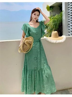 Women's Summer Hollow Out Embroidery Flower Dress Sexy V Neck Flying Sleeve Vacation Long Dress