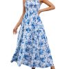 Women's Floral Print Shirred Cami Dress Spaghetti Strap Sleeveless High Waist Flare Long Dress