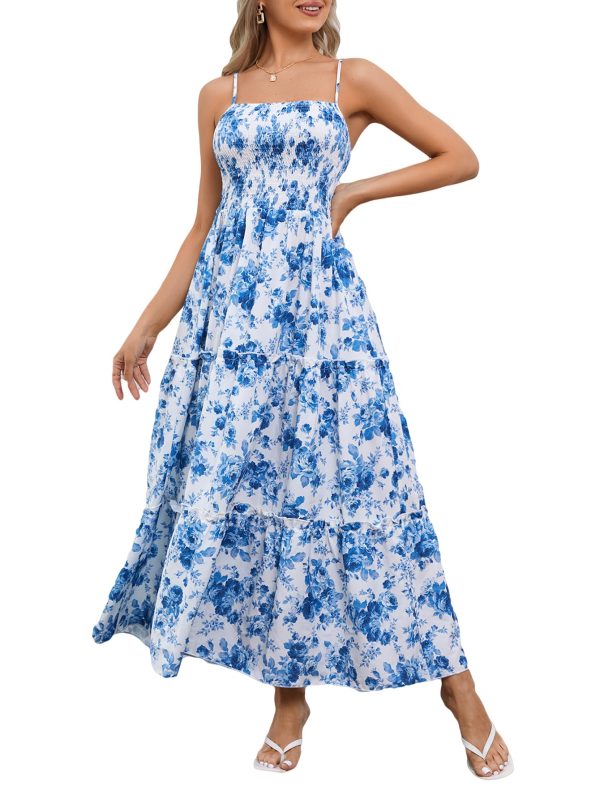 Women's Floral Print Shirred Cami Dress Spaghetti Strap Sleeveless High Waist Flare Long Dress