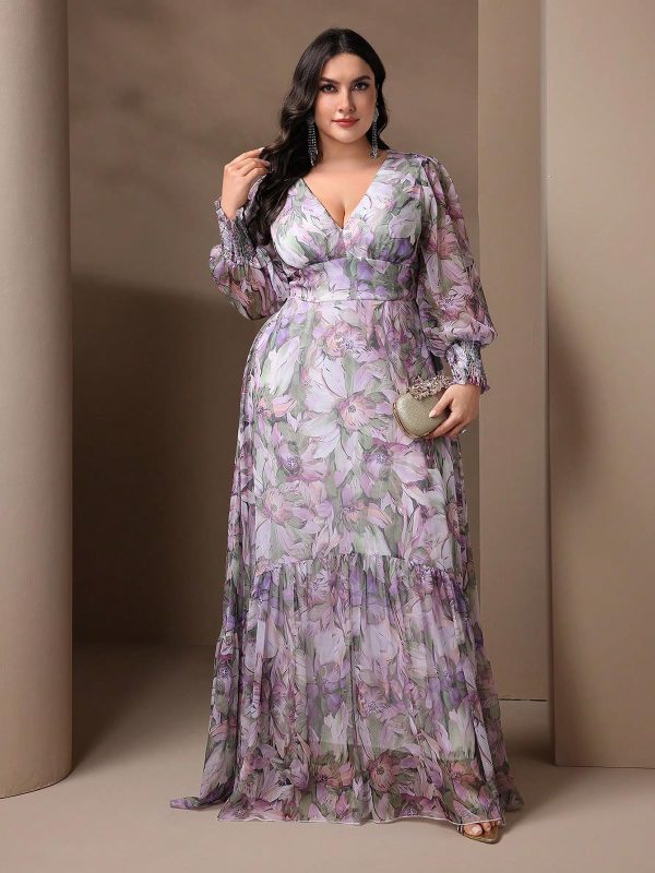 71mUZ1z2ZjL.jpg Spring Summer 2024 Plus Size Womens Dresses V Neck Casual Elegant Ruffle Sleeve Floral Print Layer Hem Long Maxi Dress