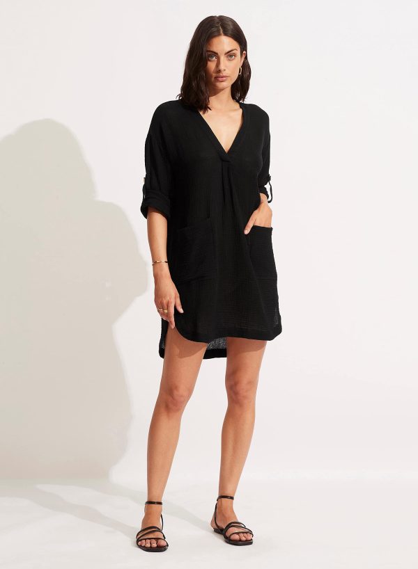 Women's V Neck Cover Up Dress with Roll Sleeves