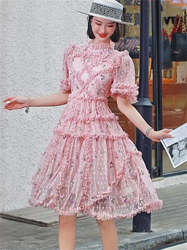 71maXC9wqmL.jpg Women Embroidered Ruffle Summer Dress Light Short Sleeve Temperament Flower Dress