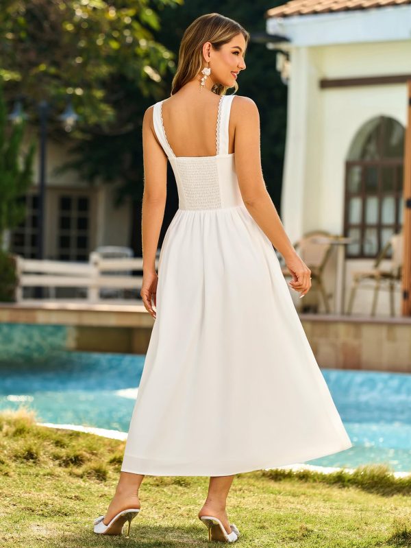 Lace Square Neck Corset Midi Dress Summer Smocked Flowy A Line Casual Beach Sundress for Women 2025 Vacation