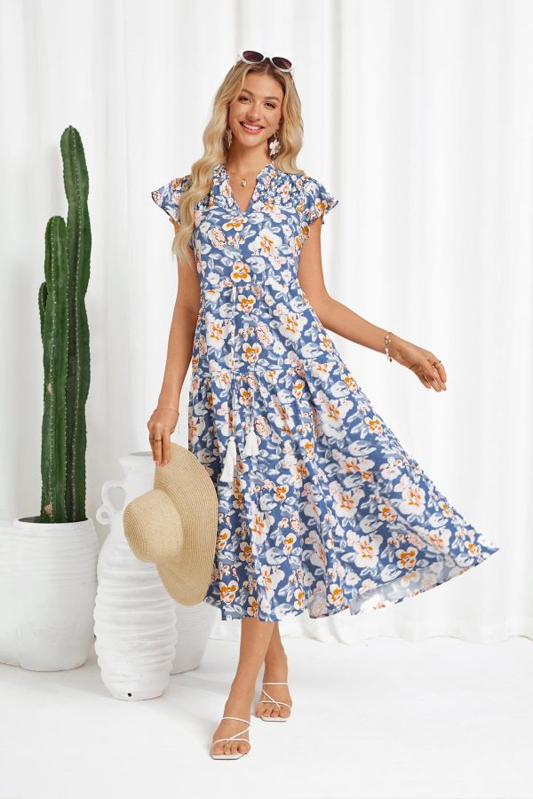 71n4Kj0CZL.jpg Womens Summer Floral Midi Dresses Short Sleeve Beach Wedding Guest Dress Drawstring Long Flowy Dress with Pockets