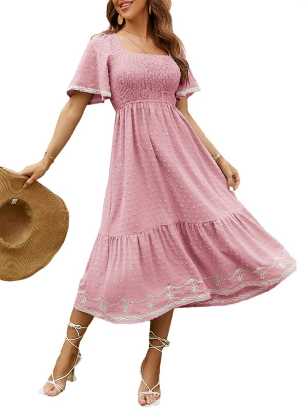 Women's Short Sleeve Smocked Square Neck A Line Summer Flowy Maxi Long Dress