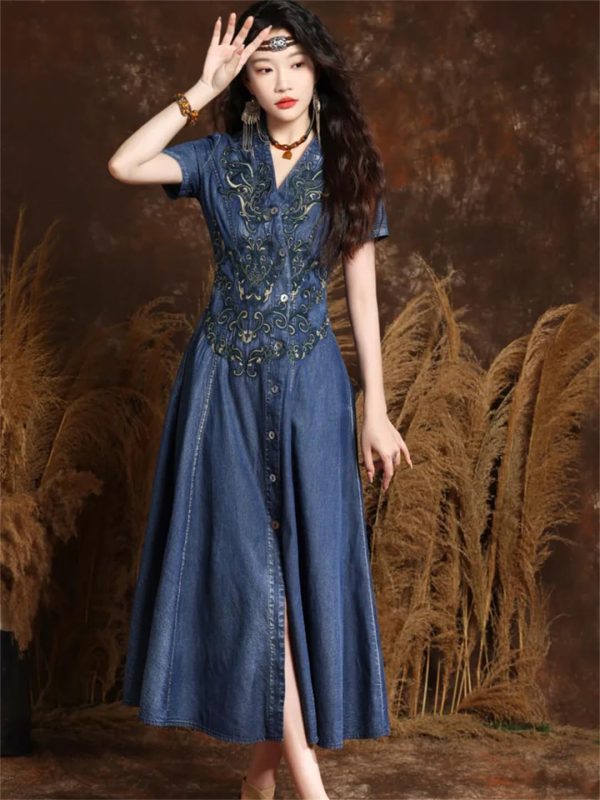 71oGKfdlkcL.jpg Women Asymmetrical Single Breasted Vintage A-Line Denim Dresses V-Neck Retro Embroidery Slim Jeans Dress