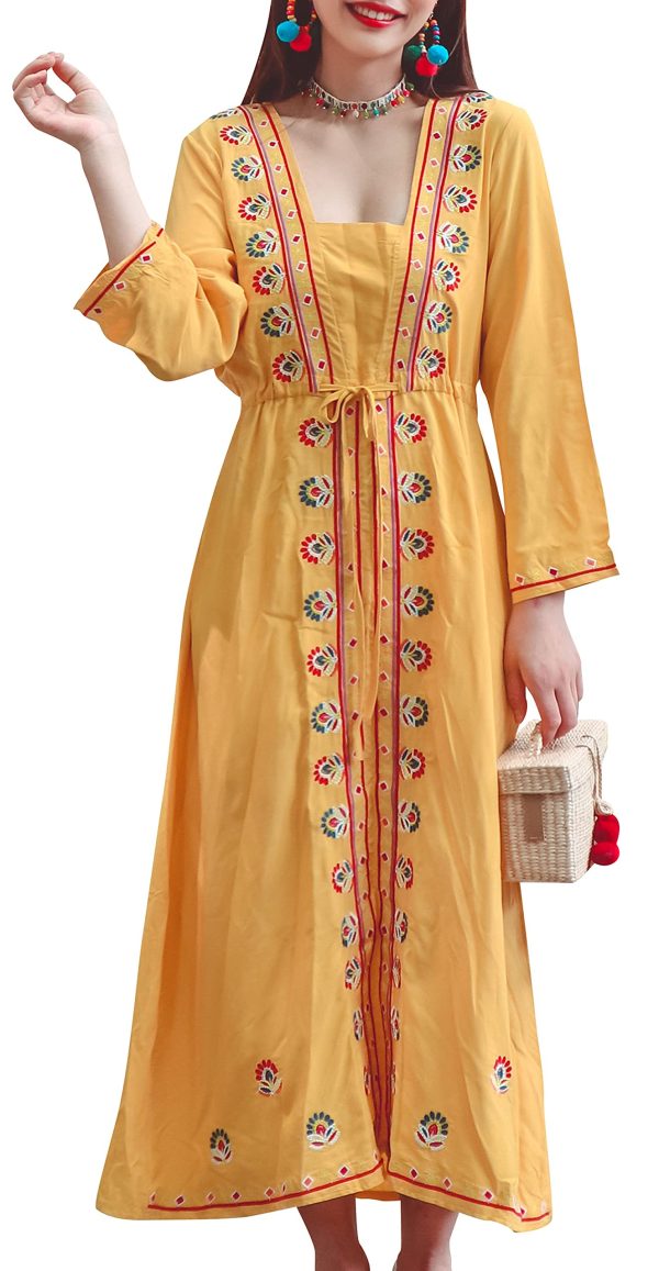 Summer Scoop Neckline Long Sleeves Bow Blet Vacation Travel Hooded Maxi Dress