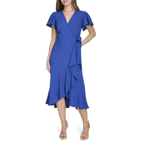 71p7ppvpZL.jpg Women's V Neckline Midi Length Short Flutter Sleeve Dress