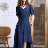 Women Summer Asymmetrical Puff Sleeve Vintage A-Line Jeans Dress V-Neck High Waisted Irregular Denim Dress