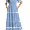 Women's Casual Summer Maxi Dress Short Sleeve Swiss Dot V Neck Smocked Long Flowy Beach Dresses