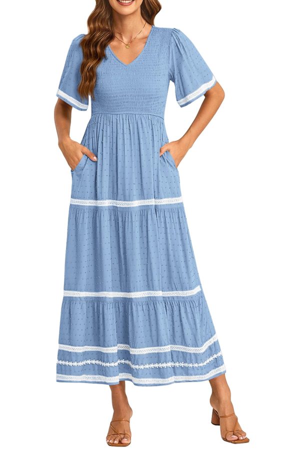Women's Casual Summer Maxi Dress Short Sleeve Swiss Dot V Neck Smocked Long Flowy Beach Dresses