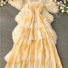 71qkT0ibviL.jpg Tie-Dye Chiffon Dress Women Long Spaghetti Strap Backless Ruffles Tiered Yellow Summer Beach Party Maxi Dress