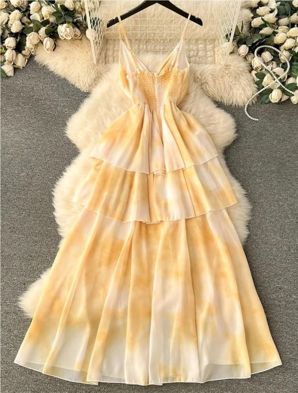 71qkT0ibviL.jpg Tie-Dye Chiffon Dress Women Long Spaghetti Strap Backless Ruffles Tiered Yellow Summer Beach Party Maxi Dress