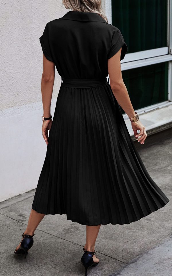 71qnUn9YAjL.jpg Womens Casual Midi Dresses Solid V Neck Short Sleeve Button Shirt Belted Dress with Pockets for Spring Summer 2025