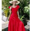 Women's Summer Hollow Out Embroidery Flower Dress Sexy V Neck Flying Sleeve Vacation Long Dress