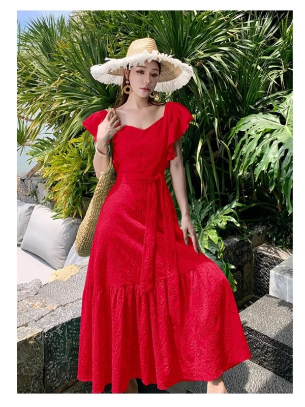 Women's Summer Hollow Out Embroidery Flower Dress Sexy V Neck Flying Sleeve Vacation Long Dress