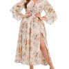 71rFM0rgTmL.jpg Women's V Neck Floral Dress Bell Half Sleeve Smocked Waist Side Split Flowy A Line Maxi Wedding Guest Dresses