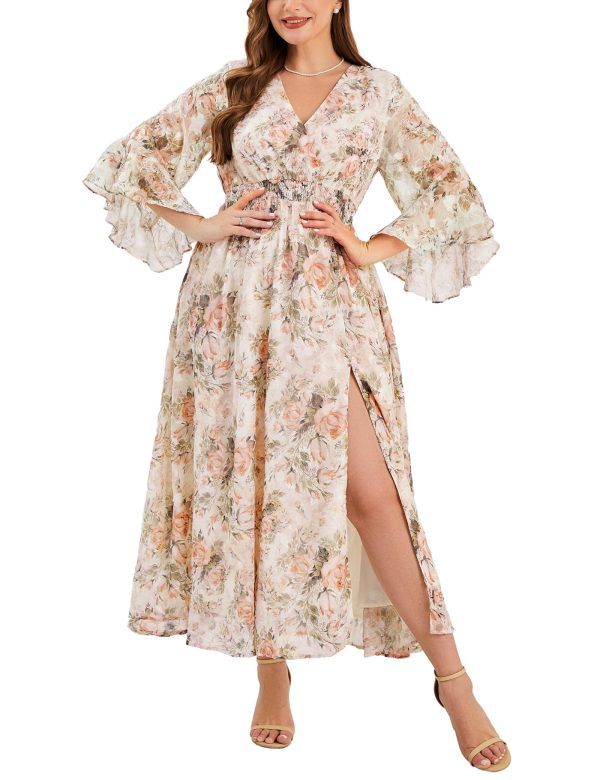 71rFM0rgTmL.jpg Women's V Neck Floral Dress Bell Half Sleeve Smocked Waist Side Split Flowy A Line Maxi Wedding Guest Dresses