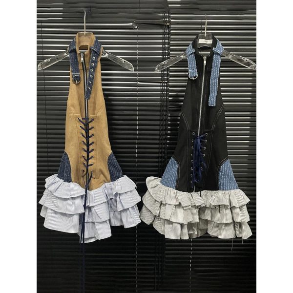 Women’s O-Neck Lace-Up Slim Dress - Sleeveless Patchwork Summer Party Outfit