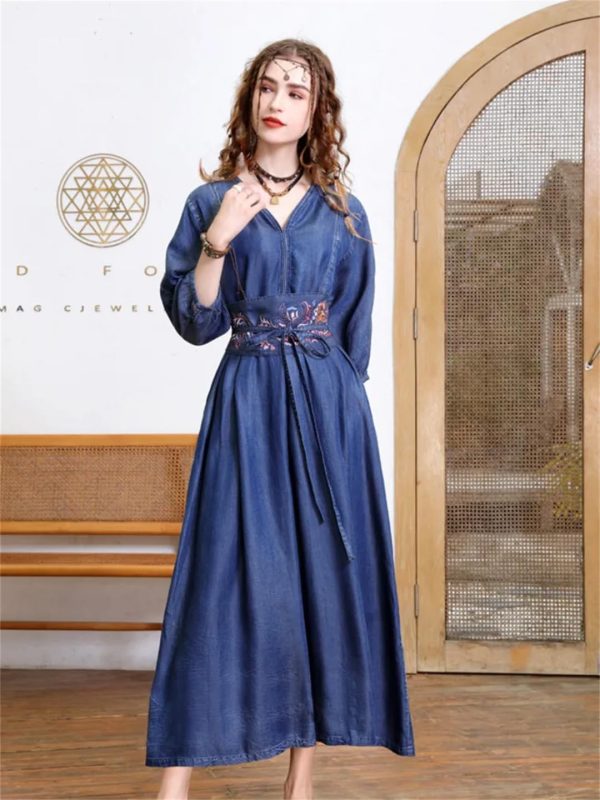 71rhHf-dVWL.jpg Women Vintage Blue A-Line High Waisted Retro Dresses Three Sleeve Belt Embroidery Denim Dress