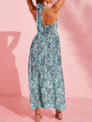 Women's Summer Dresses Halter Neck Sleeveless Backless Flowy A Line Boho Maxi Dress