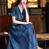 Women High Waisted Long A-Line Dress Embroidery Floral Vintage Cardigan Single Breasted Denim Dress