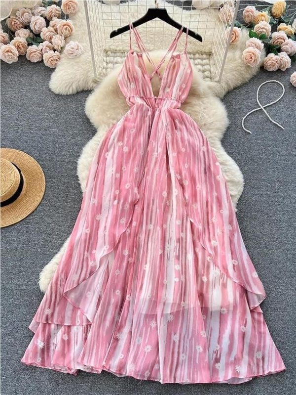 71tfDzcgFfL.jpg Printed Backless Dress Women Summer Criss Cross Flared Midi Beach Skirt Holiday Pleated Party Outfit