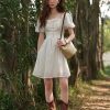 Women Square Neck Lace Dress Lace Up Waist Slim French A-LINE Dresses