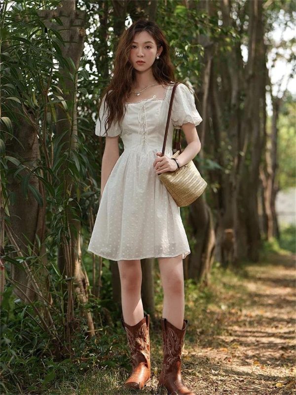 71u-IQw3B8L.jpg Women Square Neck Lace Dress Lace Up Waist Slim French A-LINE Dresses