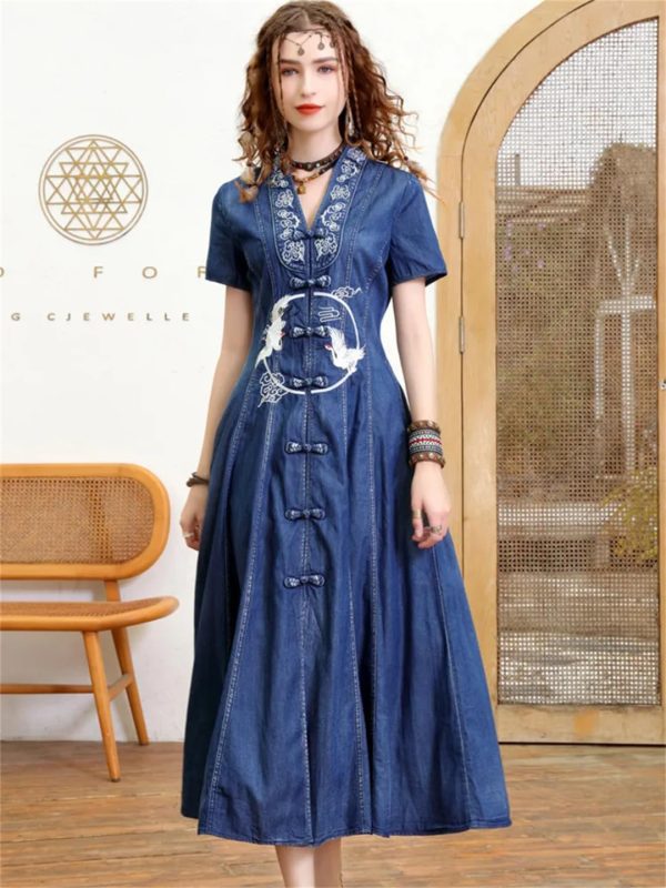 71uyfUKVH1L.jpg Women Summer Vintage Single Breasted A-Line Denim Dress V-Neck Embroidery Split Joint Dresses