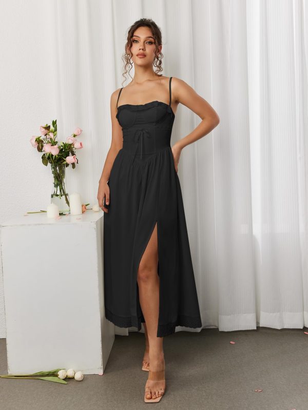 Summer Lace Midi Dress Spaghetti Strap Flowy A Line Slit Swing Dresses Sundresses for Women 2024 Casual Beach Vacation