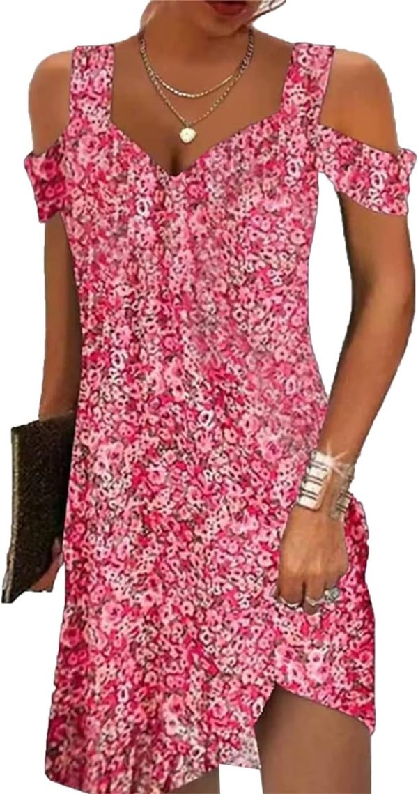71vbi-XBGzL.jpg Summer Dresses for Women 2025 Cold Shoulder V Neck Vintage Print A-Line Dress Beach Vacation Boho Mini Sundress