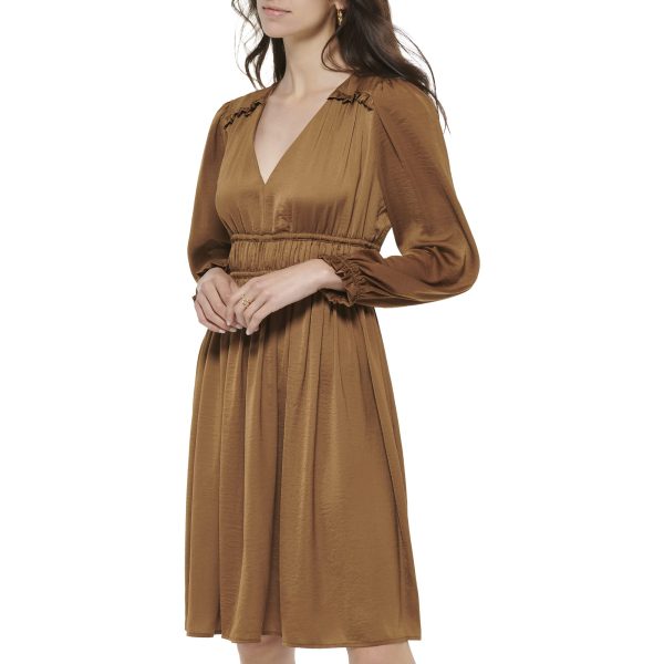 Women's Fit and Flare Woven Long Sleeve V-neck Dress