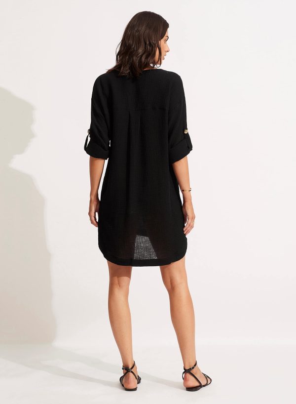 Women's V Neck Cover Up Dress with Roll Sleeves