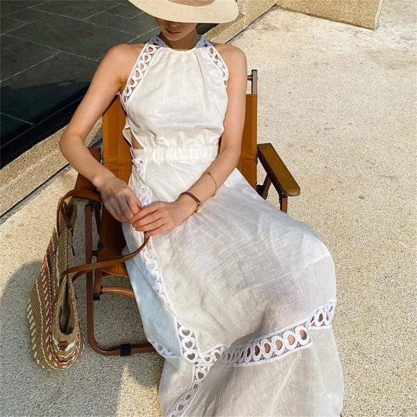 71wqX2D-eJL.jpg Women Elegant Maxi Halter Hollow Out Sleeveless Vocation Casual Ladies Beach Dresses