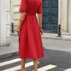 Women's Linen Button Down Shirt Dress Collared Short Sleeve Midi Belt Dresses with Pockets
