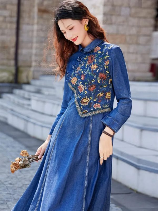 71xBxzyZhzL.jpg Women A-Line Denim Dress Embroidery Floral Vintage Midi Dress Long Sleeve Slim Joint Jeans Dress
