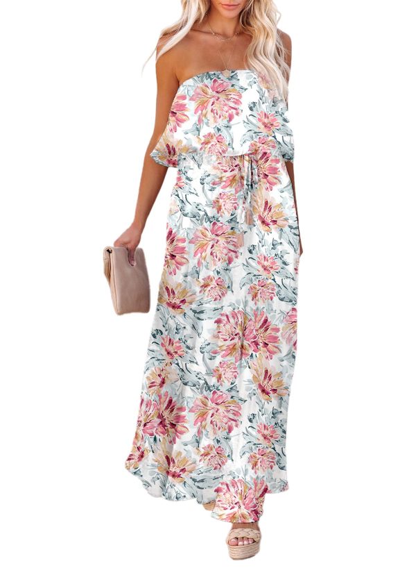 Womens Strapless Dresses Casual Summer High Waist Side Split Flowy Boho Maxi Dress