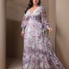 Spring Summer 2024 Plus Size Womens Dresses V Neck Casual Elegant Ruffle Sleeve Floral Print Layer Hem Long Maxi Dress